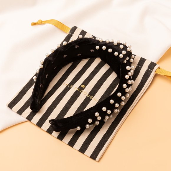 NEW Lele Sadoughi jet velvet white pearl knot Headband main image 3